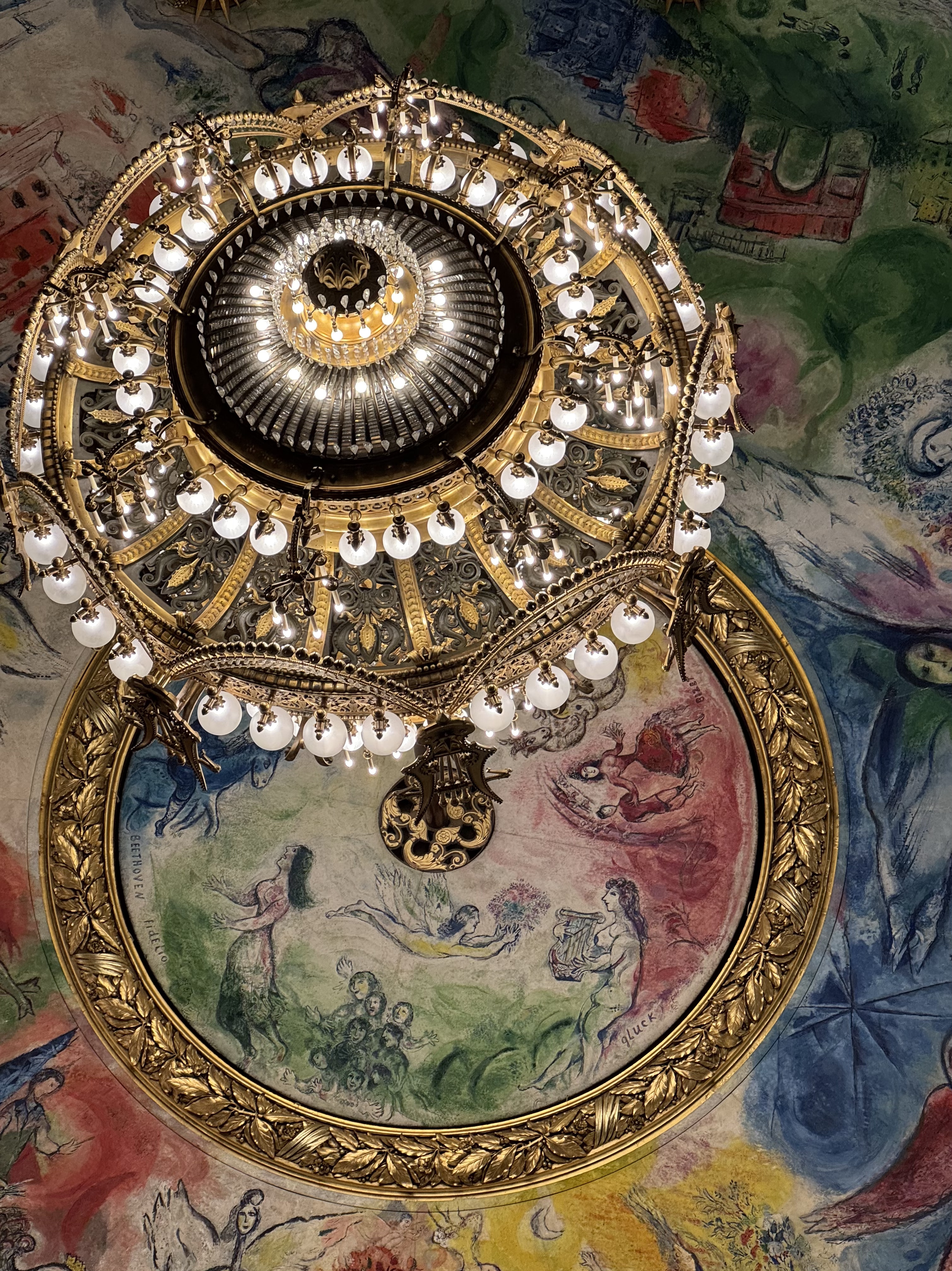 Chandelier and painted ceiling